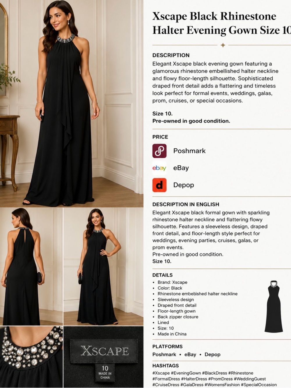 Xscape Black Rhinestone Halter Evening Gown Size 10
